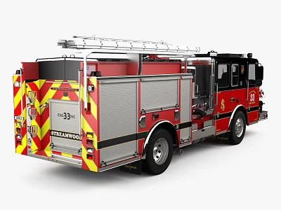 Red Fire Truck With Yellow Stripes Ladder Fire Department Logo And Water Tank 3d model