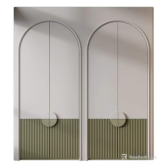 Modern Arched Wardrobe Design With White Panels Green Striped Base And Circular Handles 3d model 