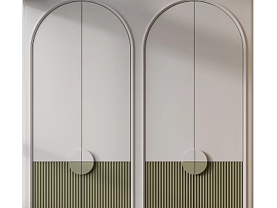 Modern Arched Wardrobe Design With White Panels Green Striped Base And Circular Handles 3d model