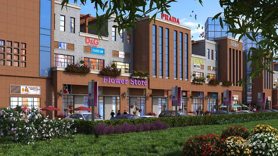 Modern Commercial Retail Buildings With PRADA Store Flower Shop Cars Pedestrians And Greenery 3d model 