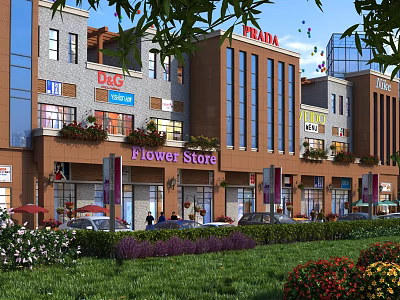 Modern Commercial Retail Buildings With PRADA Store Flower Shop Cars Pedestrians And Greenery 3d model