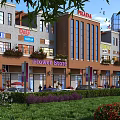 Modern Commercial Retail Buildings With PRADA Store Flower Shop Cars Pedestrians And Greenery