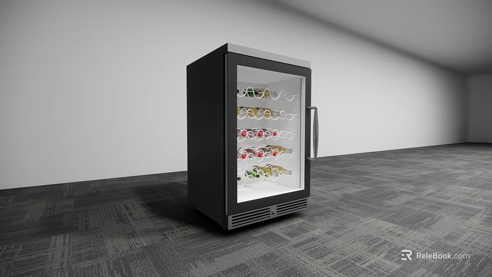Black Glass Door Wine Refrigerator with Multiple Wine Bottle Racks in Modern Room 3d model 