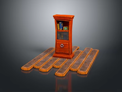 Wooden Cabinet with Glass Door and Drawer on Wooden Plank Platform with Books Inside 3d model