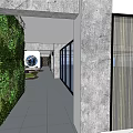 Chinese Style Hotel Corridor With Blue Banners White Patterns Gray Pillars And Gray Tiled Floor