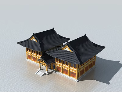 Traditional Ancient Architecture with Black Curved Roof Yellow Wooden Walls and Classic Eaves Design 3d model