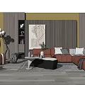 Modern Orange Corner Sofa And Coffee Table Set With Grey Striped Wall Artwork Floor Lamp 3d model