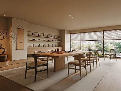Japanese Style Tea Room With Long Wooden Table Chairs And Tea Sets On Shelves 3d model