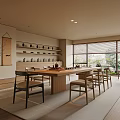 Japanese Style Tea Room With Long Wooden Table Chairs And Tea Sets On Shelves