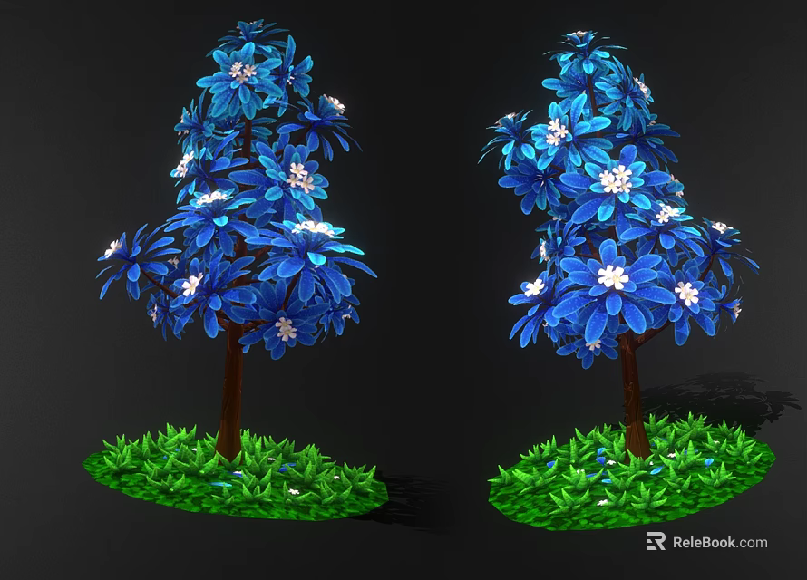 Vibrant Blue Flowering Trees With Lush Green Grass And Blossoms 3d model 