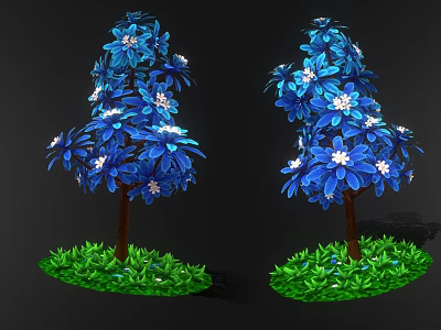 Vibrant Blue Flowering Trees With Lush Green Grass And Blossoms 3d model