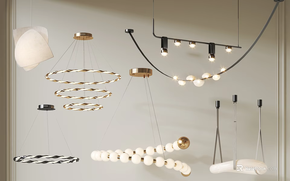 Modern Stylish Pendant Light Combinations With Circular Spiral And Globe Designs 3d model 