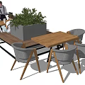 Modern Wooden Dining Table Set With Gray Chairs Green Plant And People Interacting