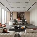 Modern Office Interior Design With Spacious Workspace Large Windows Wooden Bookshelves White Sofas Leather Armchair