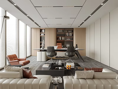 Modern Office Interior Design With Spacious Workspace Large Windows Wooden Bookshelves White Sofas Leather Armchair 3d model