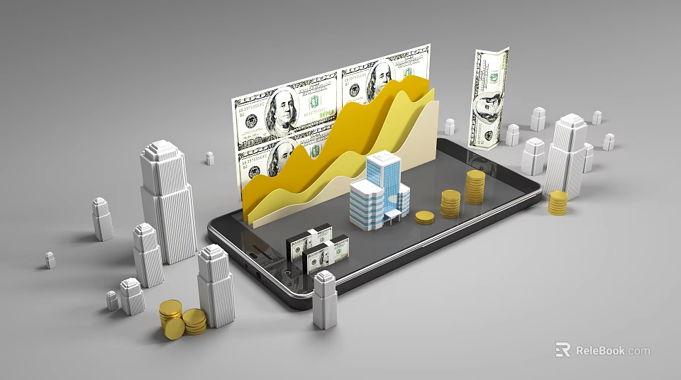 Business Equipment Including Tablet Displaying Rising Charts Dollar Bills And Gold Coins 3d model 