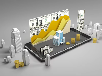 Business Equipment Including Tablet Displaying Rising Charts Dollar Bills And Gold Coins 3d model
