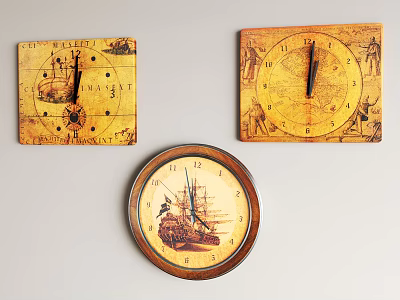 Vintage Clocks With Nautical Ship And Map Motifs Square Round Designs 3d model