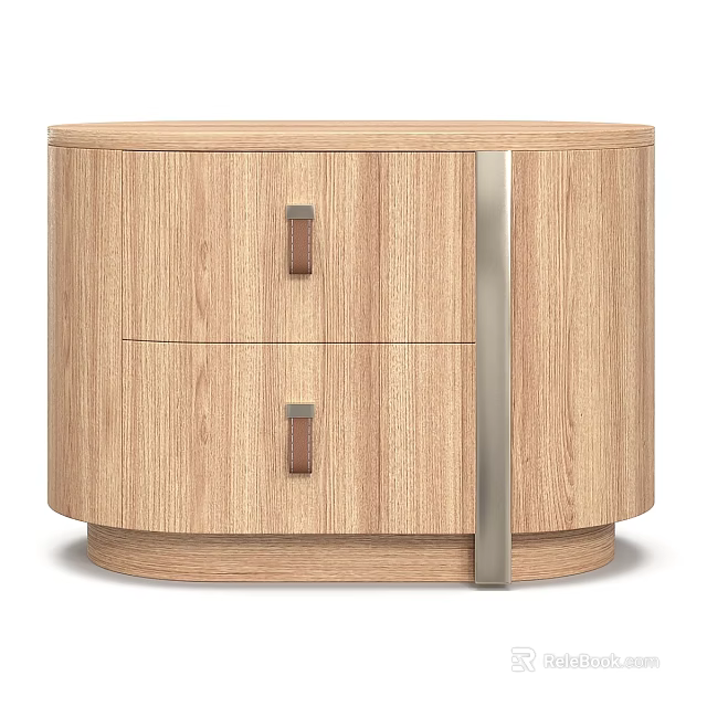 Light Oak Curved Wooden Nightstand With Two Drawers And Leather Pull Handles For Modern Bedroom 3d model 