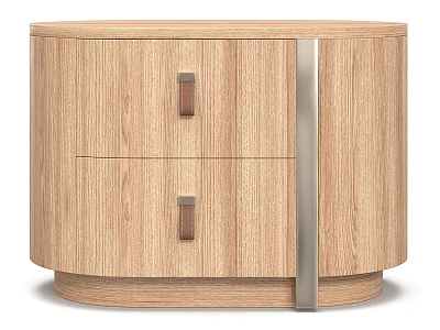 Light Oak Curved Wooden Nightstand With Two Drawers And Leather Pull Handles For Modern Bedroom 3d model