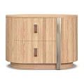 Light Oak Curved Wooden Nightstand With Two Drawers And Leather Pull Handles For Modern Bedroom