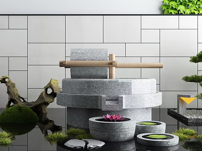 Elegant Garden Ornaments With Stone Mill Lotus Basin And Mossy Plants 3d model