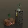 Vintage Furniture Collection With Wooden Chest Drawer Cabinet Potted Plant And Vintage Fan