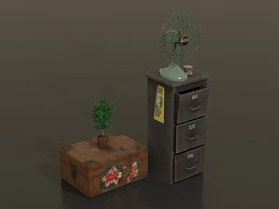 Vintage Furniture Collection With Wooden Chest Drawer Cabinet Potted Plant And Vintage Fan 3d model