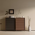 Modern Entryway Console Cabinet with Dark and Light Brown Design Small Plants Picture Frame and Vase