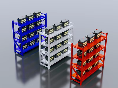 Blue White Red Display Shelving Units Holding Black Boxes With Yellow Labels 3d model
