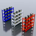 Blue White Red Display Shelving Units Holding Black Boxes With Yellow Labels
