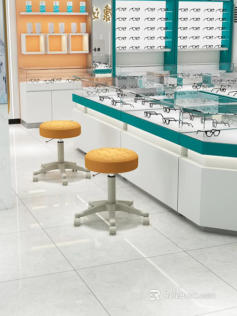 Orange Padded Stools With Metal Wheel Bases In Eyeglass Store Glass Counter Area 3d model 