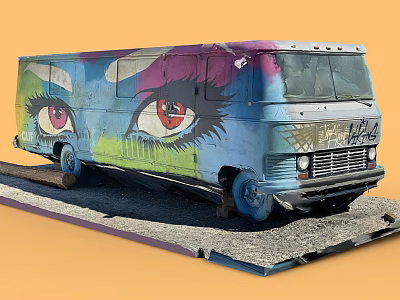Vintage Bus Featuring Colorful Graffiti Art With Big Eyes Design On Orange Background 3d model