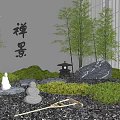 Traditional Karesansui Zen Garden with Stones Moss Bamboo and Raked Gravel Patterns