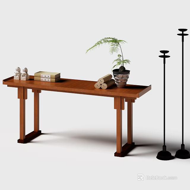 Traditional Wooden Console Table with Small Figurines Books Scrolls Potted Plant and Floor Lamps 3d model 