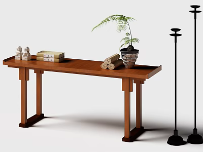 Traditional Wooden Console Table with Small Figurines Books Scrolls Potted Plant and Floor Lamps 3d model