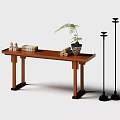Traditional Wooden Console Table with Small Figurines Books Scrolls Potted Plant and Floor Lamps
