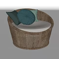 Round Woven Rattan Outdoor Sofa With White Cushion And Blue Light Green Pillows