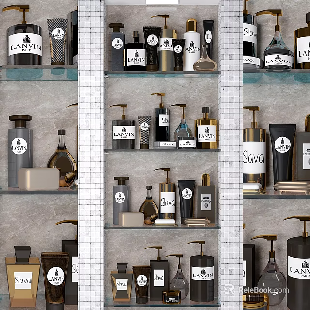 Daily Washing Products Display With Various Labeled Bottles On Shelves 3d model 