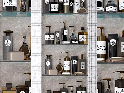 Daily Washing Products Display With Various Labeled Bottles On Shelves 3d model