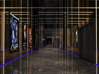 Modern Cinema Lobby Corridor With Movie Posters And LED Lighting Design 3d model