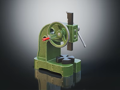 Green Manual Press Machine With Circular Wheel Red Lever And Star Shaped Workbench Base 3d model