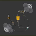 Yellow Industrial Equipment Setup With White Light Stands Connecting Cables And Small Components 3d model