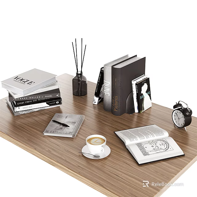Decorative Ornament Set with Stacked Books Aromatherapy Sticks Alarm Clock Coffee Cup on Wooden Tabletop 3d model 
