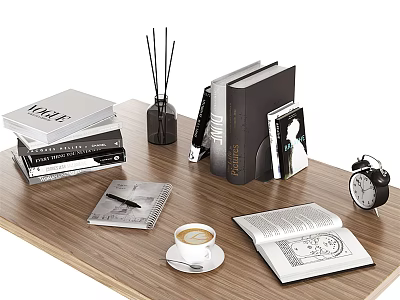 Decorative Ornament Set with Stacked Books Aromatherapy Sticks Alarm Clock Coffee Cup on Wooden Tabletop 3d model