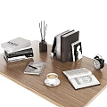 Decorative Ornament Set with Stacked Books Aromatherapy Sticks Alarm Clock Coffee Cup on Wooden Tabletop