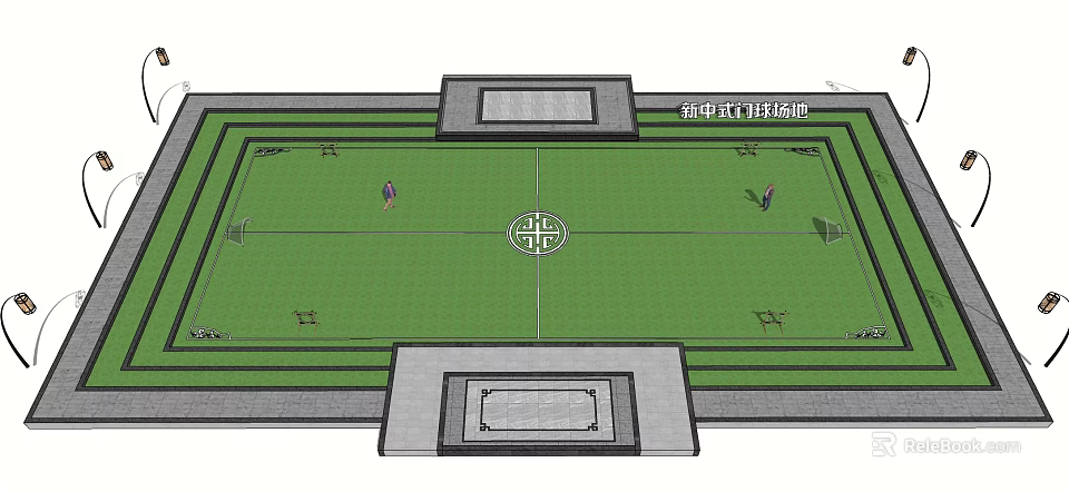 New Chinese Style Gateball Court with Green Lawn and Central Layout Featuring Traditional Architectural Elements 3d model 