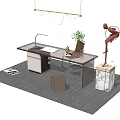 Modern Office Desk With Wooden Top Desk Lamp Laptop Green Plant Sculpture And Gray Rug