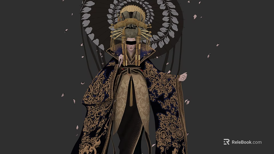 Traditional Bride In Elaborate Headdress With Dragon Embroidered Kimono And Flying Butterflies 3d model 