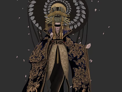 Traditional Bride In Elaborate Headdress With Dragon Embroidered Kimono And Flying Butterflies 3d model